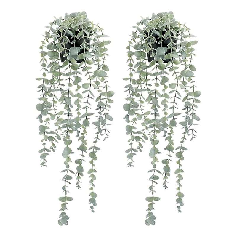 2 Pcs Artificial Hanging Plants Potted Eucalyptus Hanging Plant for Wall Room Home Patio Indoor Outd
