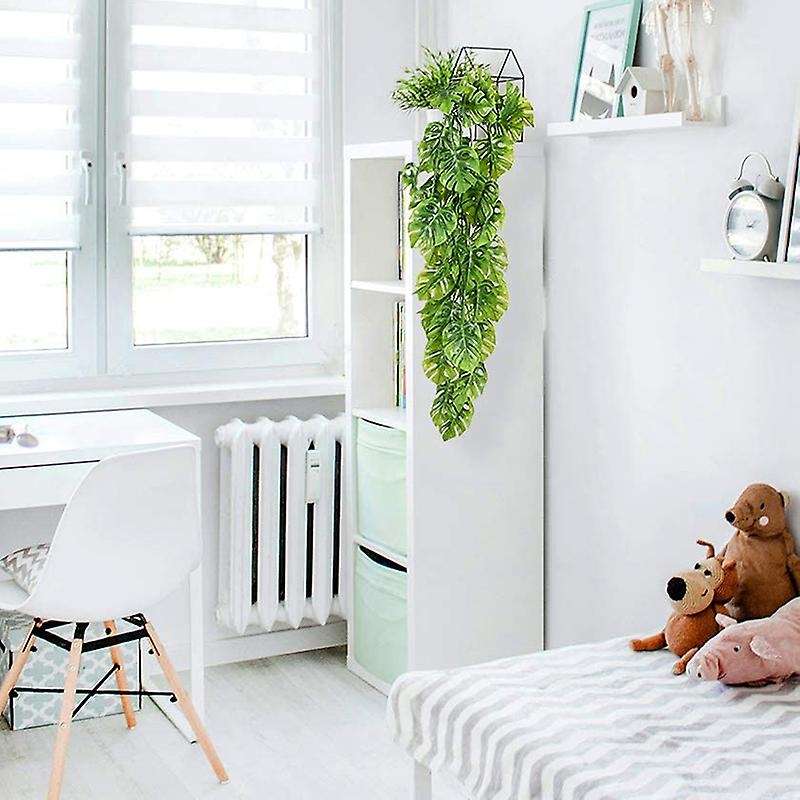2 Pcs Artificial Hanging Plants Fake Vine Fake Hanging Rattan Monstera Leaves Greeny Outdoor Uv Res