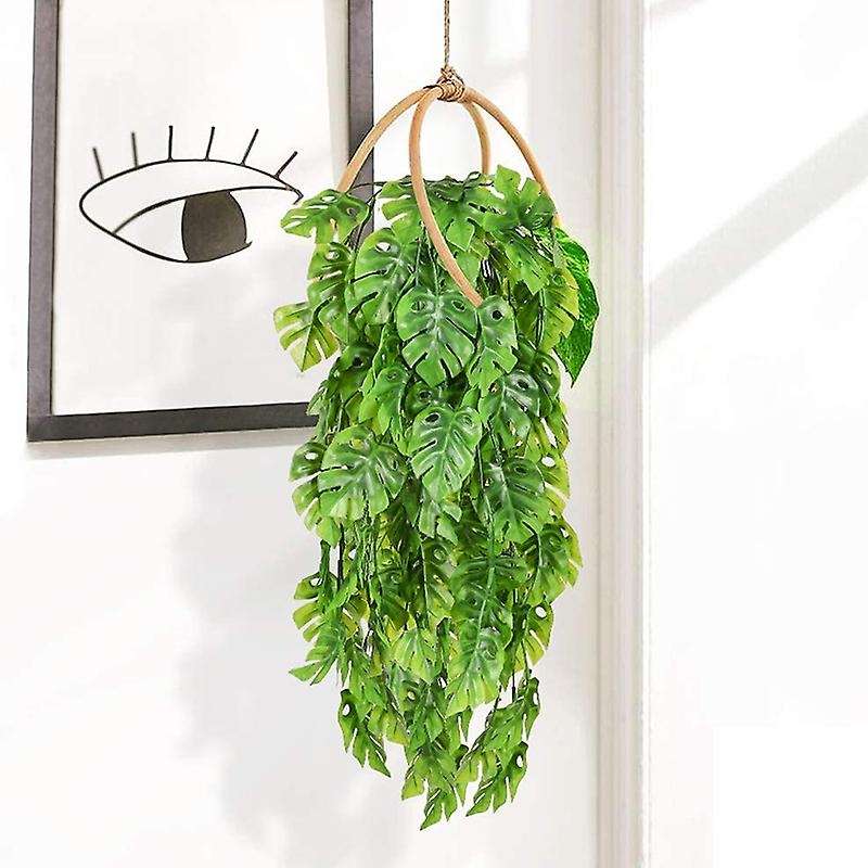 2 Pcs Artificial Hanging Plants Fake Vine Fake Hanging Rattan Monstera Leaves Greeny Outdoor Uv Res