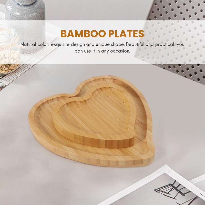 2 Pcs Bamboo Heart Shape Dessert Plate Practical Serving Tray Fruits Dish Food Platter Party