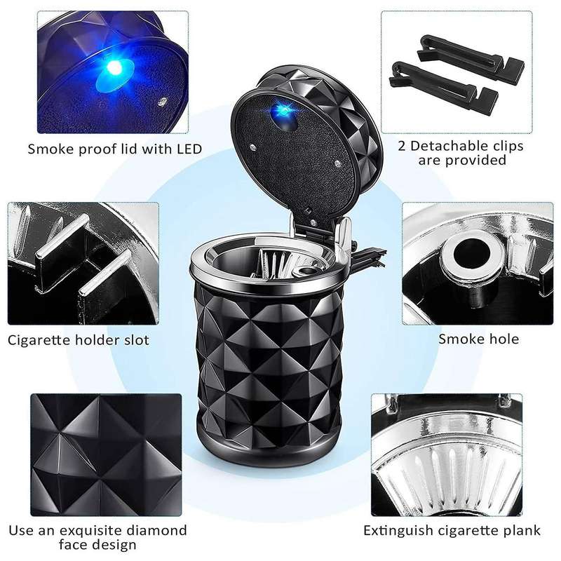 2 Pcs Car Ashtray with Lid Smell Proof,Car Cylinder Portable with Blue LED Light Lighter Cylinder St