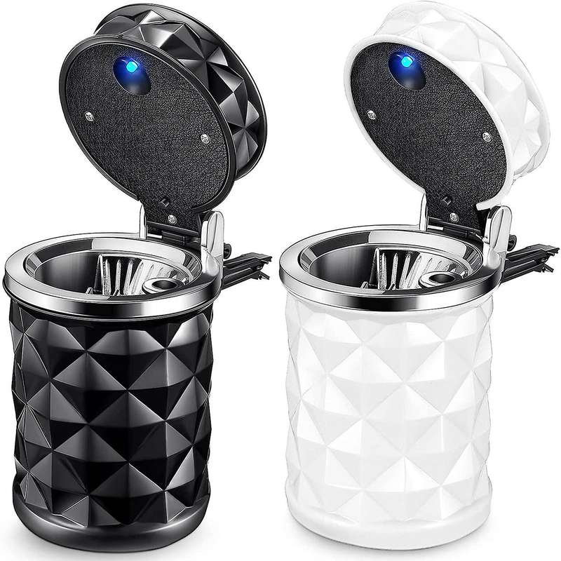 2 Pcs Car Ashtray with Lid Smell Proof,Car Cylinder Portable with Blue LED Light Lighter Cylinder St