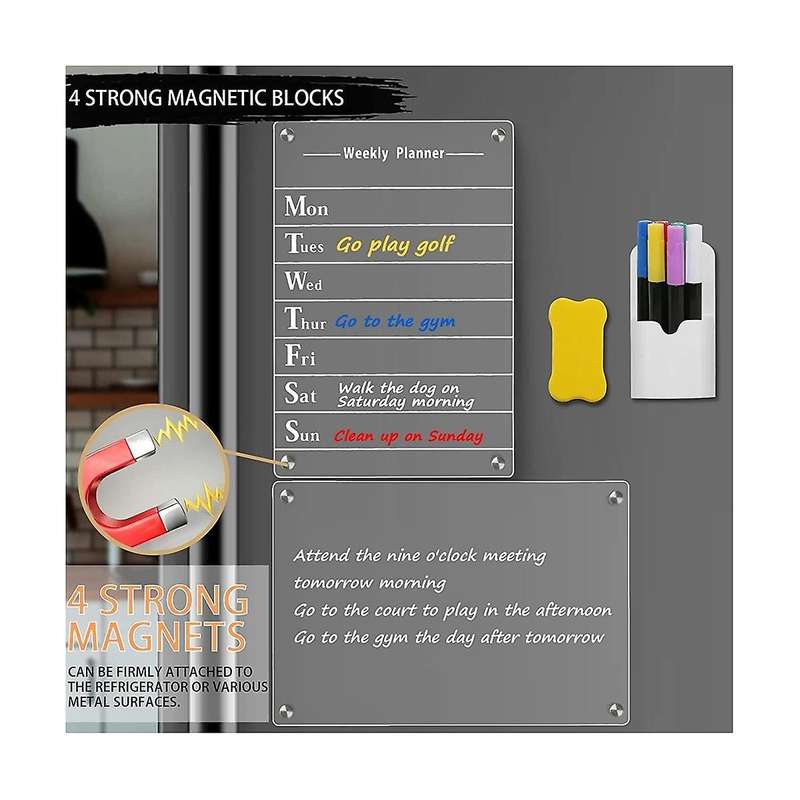 2 Pcs Clear Acrylic Dry Erase Board for Fridge, 12x8inch Magnetic Weekly Meal Planner, Kitchen Menu