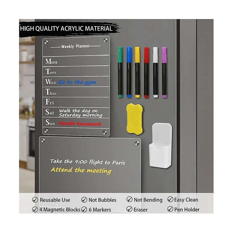2 Pcs Clear Acrylic Dry Erase Board for Fridge, 12x8inch Magnetic Weekly Meal Planner, Kitchen Menu