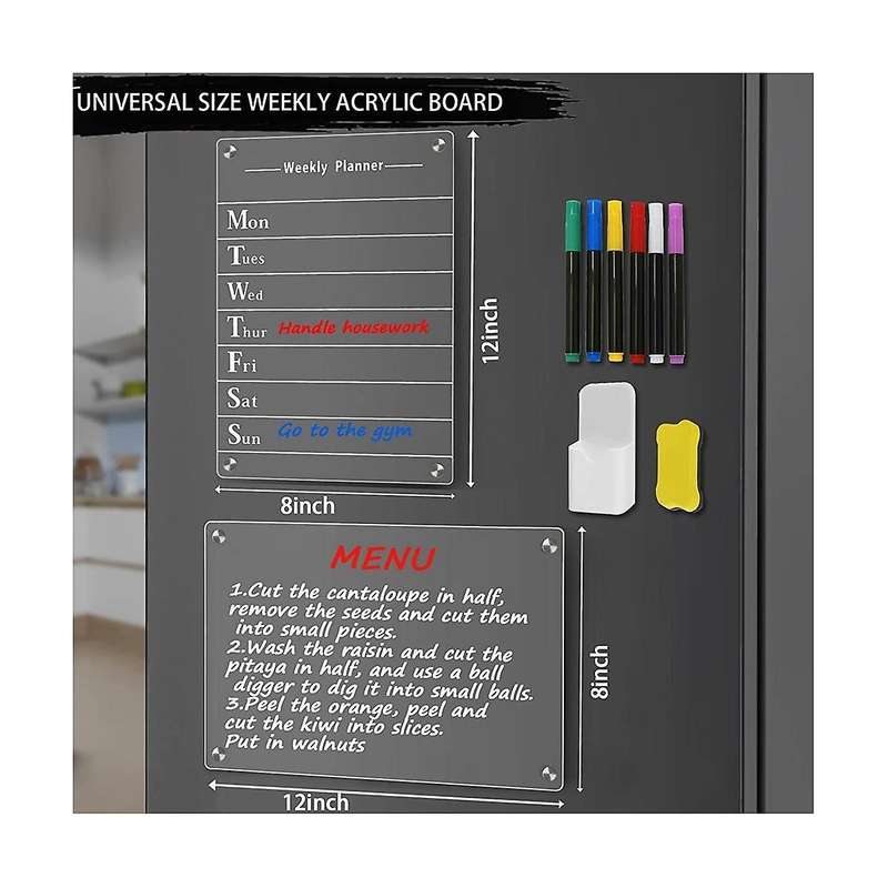 2 Pcs Clear Acrylic Dry Erase Board for Fridge, 12x8inch Magnetic Weekly Meal Planner, Kitchen Menu