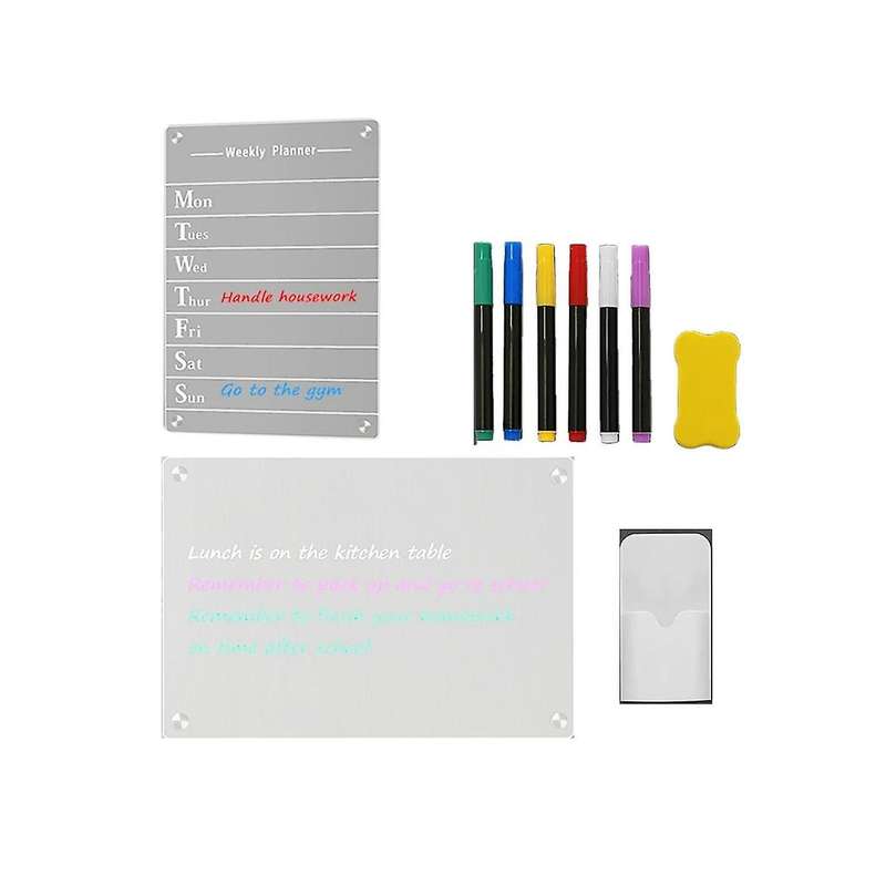 2 Pcs Clear Acrylic Dry Erase Board for Fridge, 12x8inch Magnetic Weekly Meal Planner, Kitchen Menu