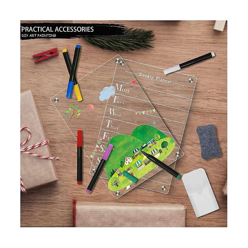 2 Pcs Clear Acrylic Dry Erase Board for Fridge, 12x8inch Magnetic Weekly Meal Planner, Kitchen Menu