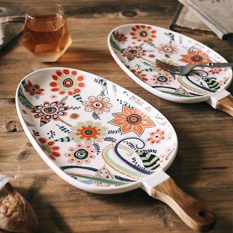 2 Pcs Ceramic Salad Plates with Handle, Porcelain Dinner Plates, Colorful Floral Pattern Serving Pla