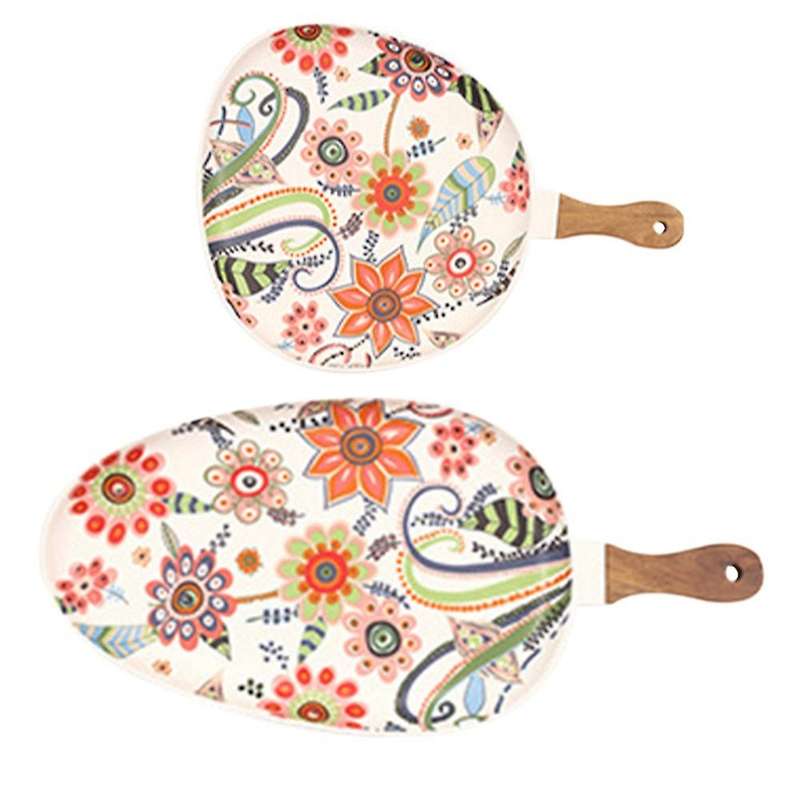 2 Pcs Ceramic Salad Plates with Handle, Porcelain Dinner Plates, Colorful Floral Pattern Serving Pla