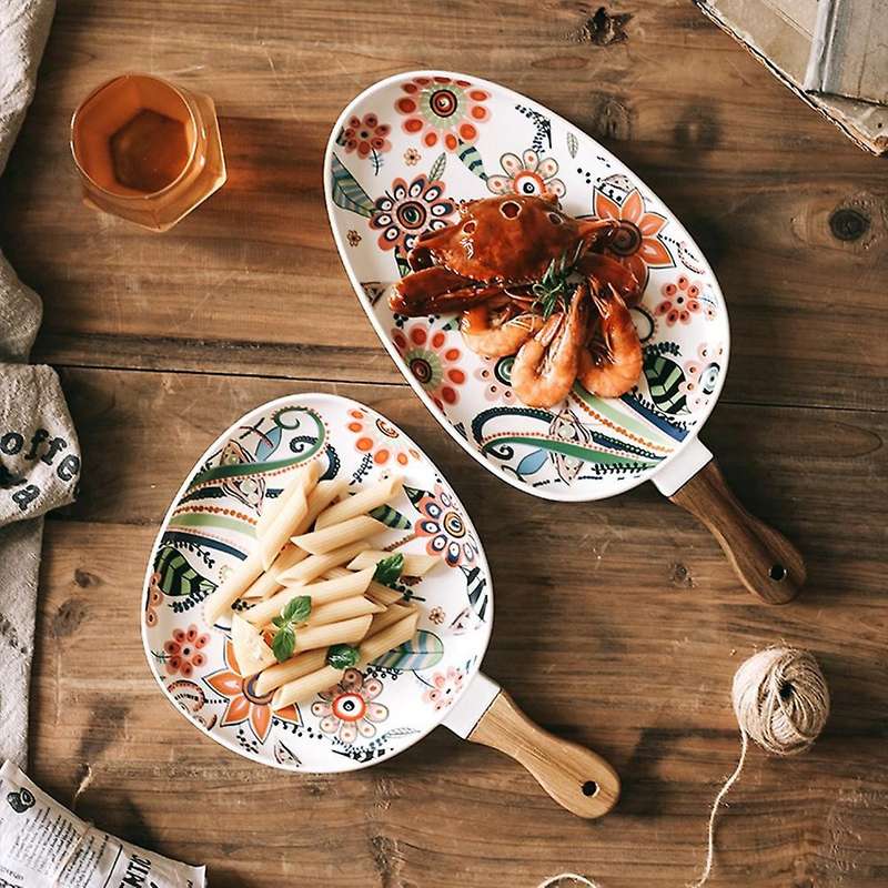 2 Pcs Ceramic Salad Plates with Handle, Porcelain Dinner Plates, Colorful Floral Pattern Serving Pla