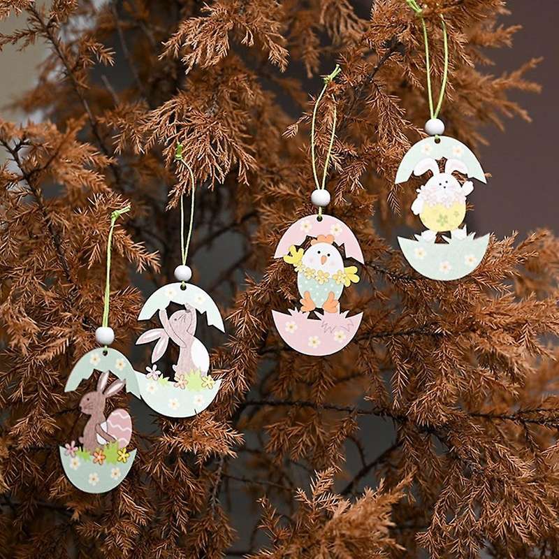 2 Pcs Easter Pendant for Bunny Egg Shell Rabbit Wooden Hanging Ornaments Pendant for Home Party Dec