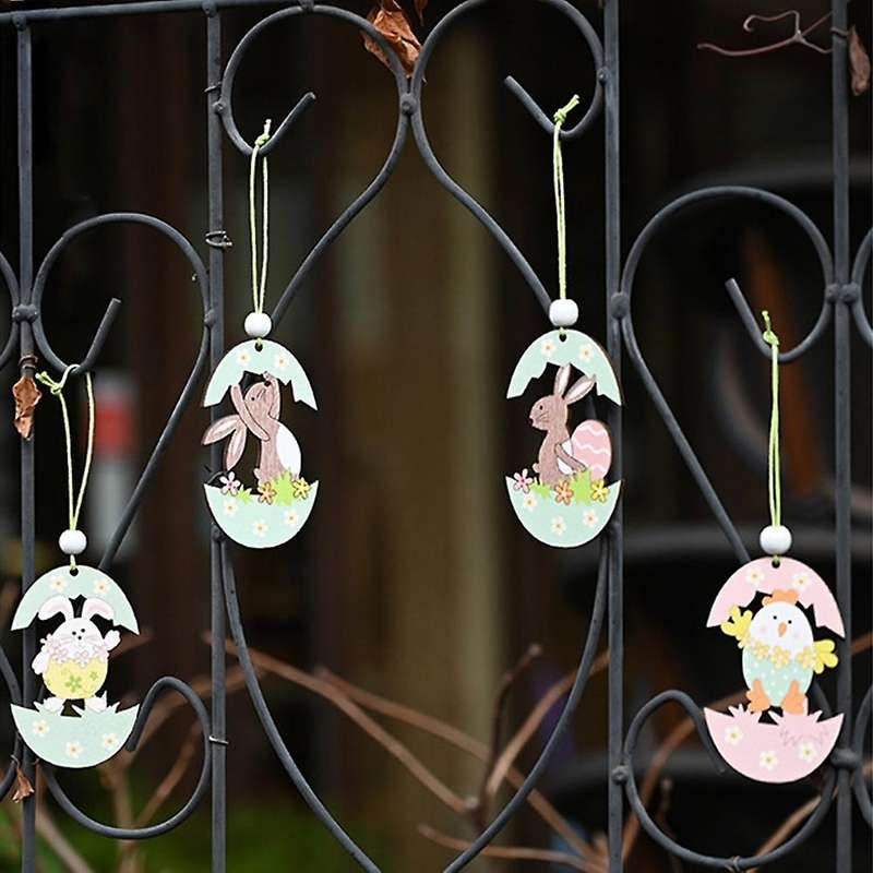 2 Pcs Easter Pendant for Bunny Egg Shell Rabbit Wooden Hanging Ornaments Pendant for Home Party Dec