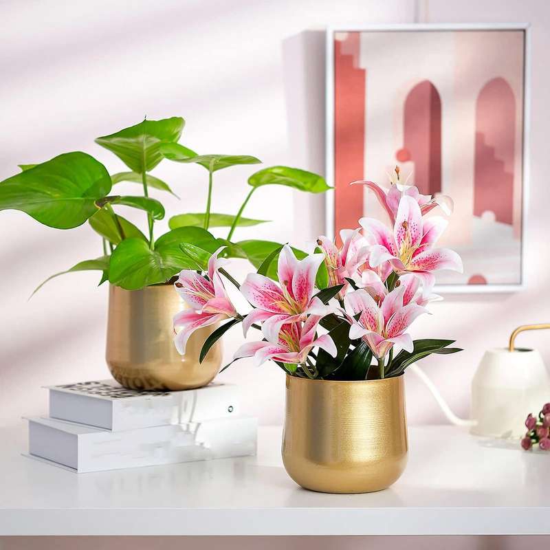 2 Pcs Flower Vases for Table Gold Vases Wedding Tabletop Planter Flower Pot with Drainage Hole for H