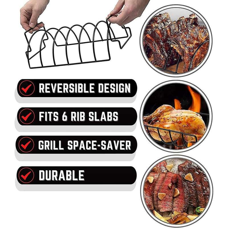 2 Pcs Rib Rack for Grill with Basting Brush,BBQ Ribs Holder for Smoking,Hold 6 Rib Rack,Non-Stick Ba