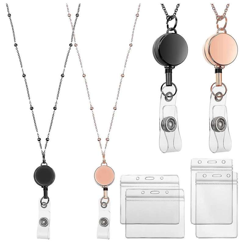 2 Pcs Retractable Badge Reel Lanyard with ID Holder Necklace Lanyard Badge Chain Waterproof Holder -