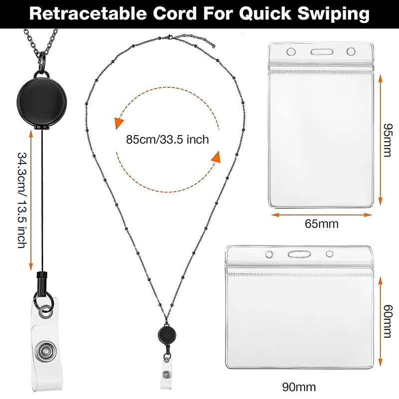 2 Pcs Retractable Badge Reel Lanyard with ID Holder Necklace Lanyard Badge Chain Waterproof Holder -