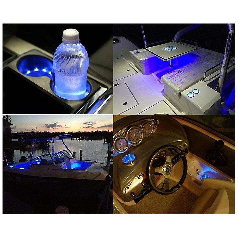 2 Pcs Stainless Steel Cup Drink Holder Insert with Drain & LED Marine Boat Rv (15LED Blue)