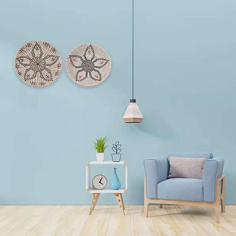 2 PCS Wall Basket Decor Flat Basket Round Serving Platter Round Boho Seagrass Decorative Bowl for Un