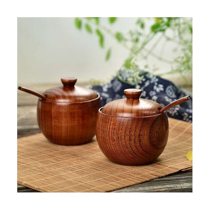 2 Pcs Wood Spice Jar with Wooden Lid and Spoon Nordic Concise Style Salt Container Salt Bowl Seasoni