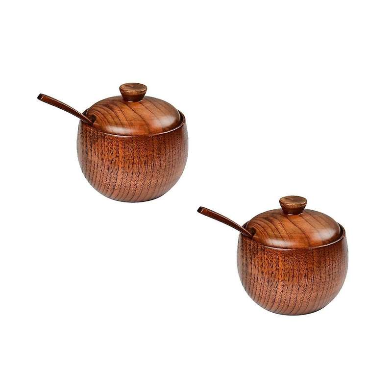 2 Pcs Wood Spice Jar with Wooden Lid and Spoon Nordic Concise Style Salt Container Salt Bowl Seasoni