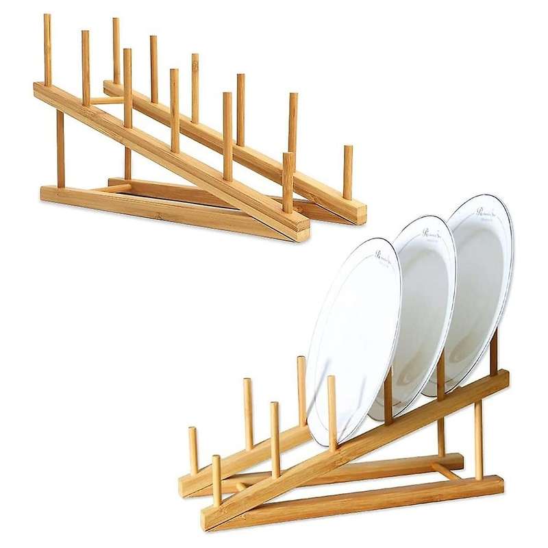 2 Pcs Wooden Dish Rack Bamboo Plate Rack Stand Pot Lid Holder, Dish Drying Rack Kitchen Cabinet Org