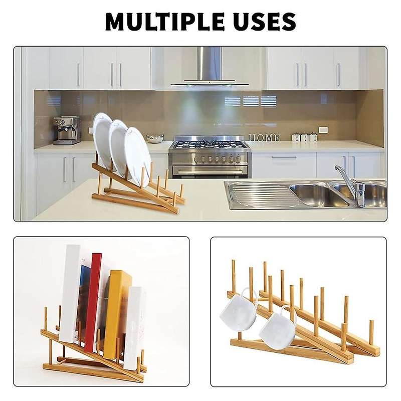 2 Pcs Wooden Dish Rack Bamboo Plate Rack Stand Pot Lid Holder, Dish Drying Rack Kitchen Cabinet Org