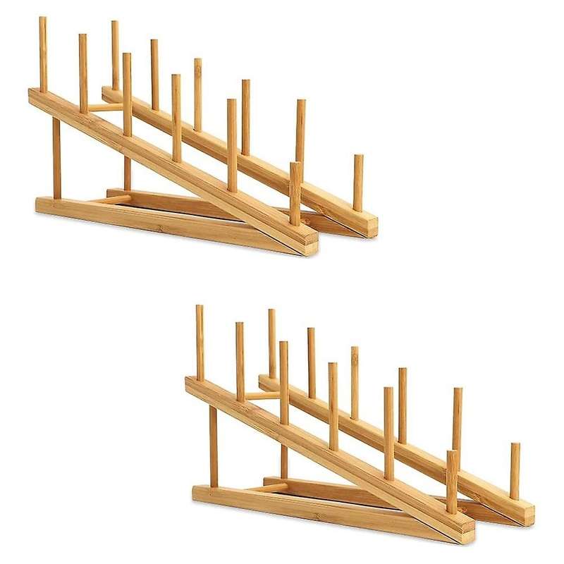 2 Pcs Wooden Dish Rack Bamboo Plate Rack Stand Pot Lid Holder, Dish Drying Rack Kitchen Cabinet Org