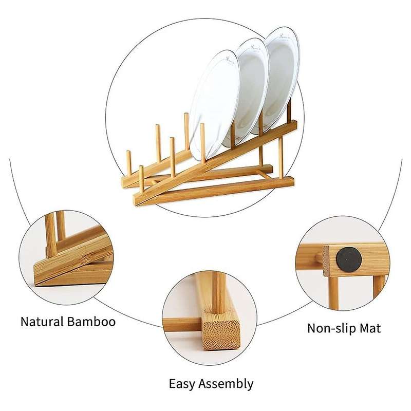 2 Pcs Wooden Dish Rack Bamboo Plate Rack Stand Pot Lid Holder, Dish Drying Rack Kitchen Cabinet Org