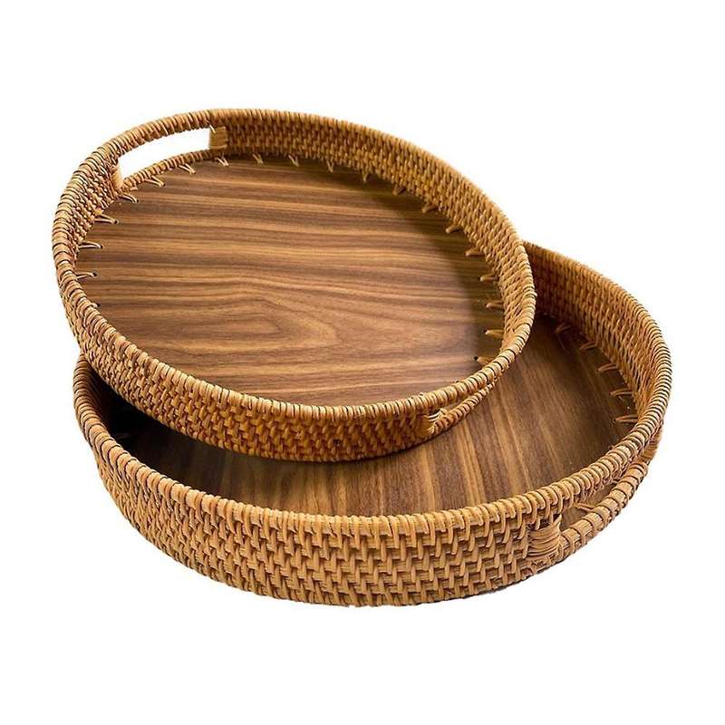 2 Pcs Woven Trays with Handles,Wicker Service Baskets,Round Rattan Trays,for Bread,Fruits,Vegetables