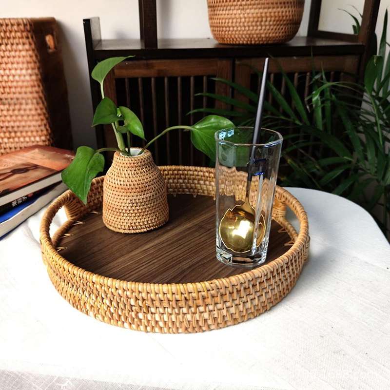 2 Pcs Woven Trays with Handles,Wicker Service Baskets,Round Rattan Trays,for Bread,Fruits,Vegetables