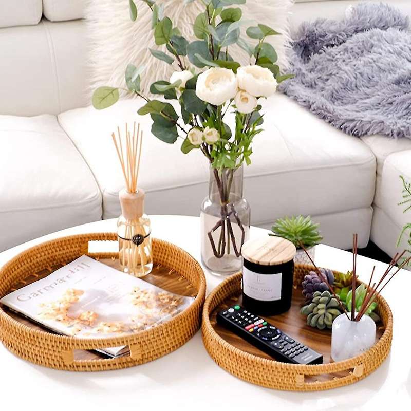 2 Pcs Woven Trays with Handles,Wicker Service Baskets,Round Rattan Trays,for Bread,Fruits,Vegetables