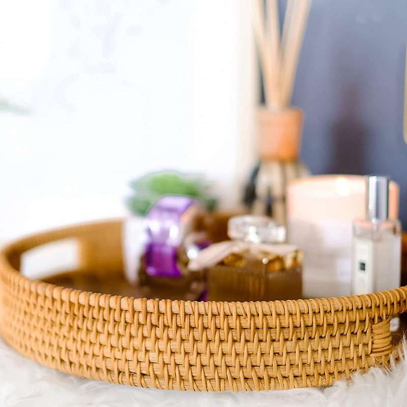 2 Pcs Woven Trays with Handles,Wicker Service Baskets,Round Rattan Trays,for Bread,Fruits,Vegetables