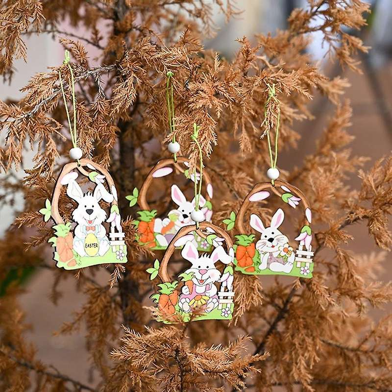 2 Pcs Wooden Easter Pendant, Bunny Crafts Hanging Ornaments Hang Tags Pendant for Home Wall Door De