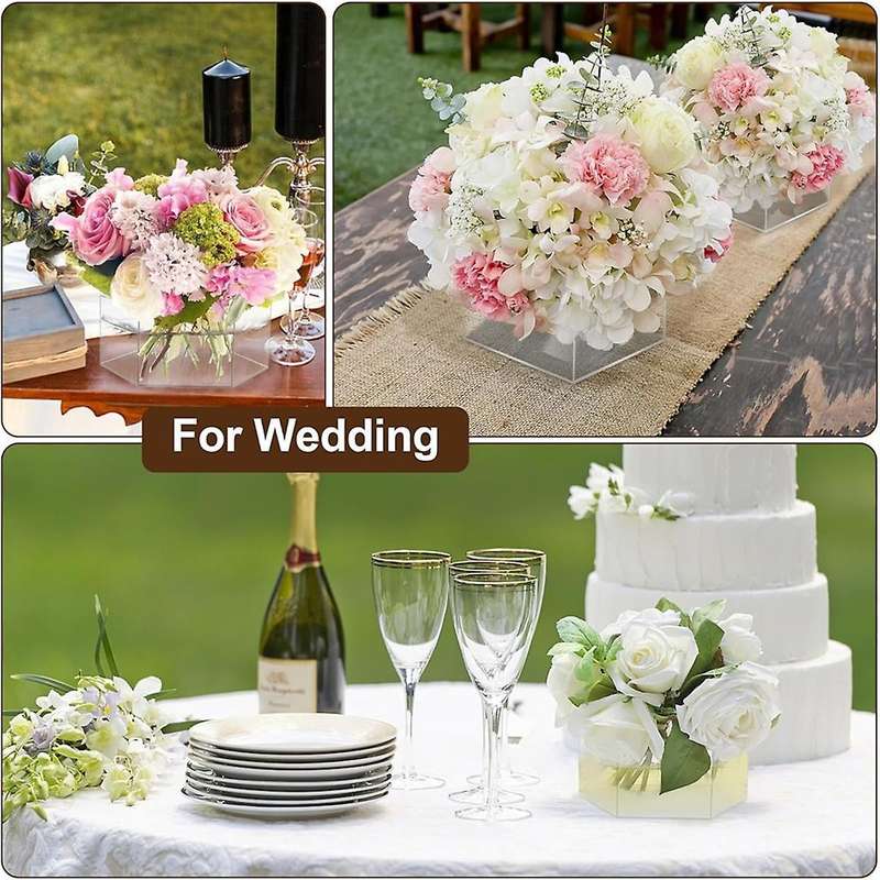 2 Piece Acrylic Hexagon Flower Vase,Clear Acrylic Vase for Home Decor Table Decorative Wedding Offic