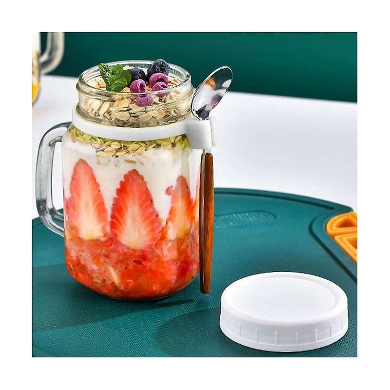 2 Pieces Glass Containers with Handle and Spoon, Glass Storage Jars , Reusable Leak-proof Cups For