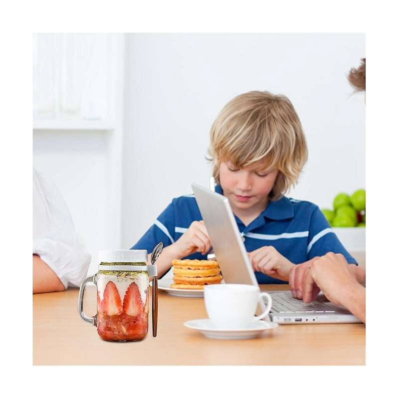 2 Pieces Glass Containers with Handle and Spoon, Glass Storage Jars , Reusable Leak-proof Cups For