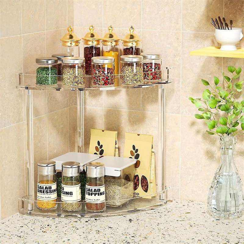 2 Tier Acrylic Bathroom Counter Organizer, Clear Bathroom Countertop Corner Organizer, Corner Stora