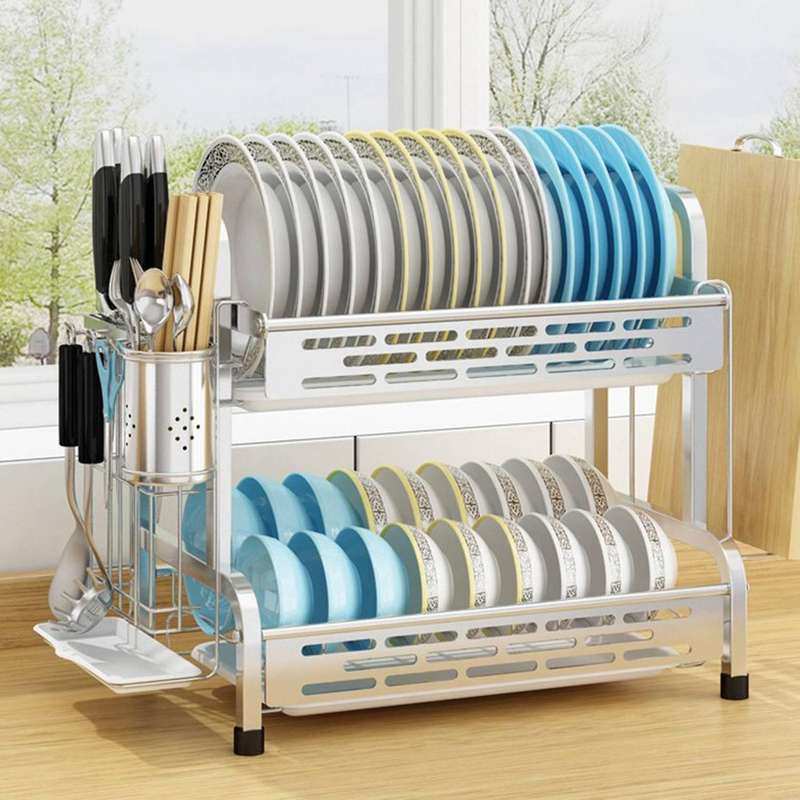 2 Tier Draining Board Rack with Drip Tray Stainless Dish Drying Rack Kitchen Plate Drying Rack Kitch