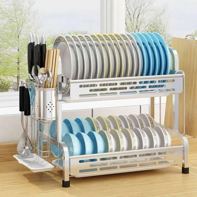 2 Tier Draining Board Rack with Drip Tray Stainless Dish Drying Rack Kitchen Plate Drying Rack Kitch