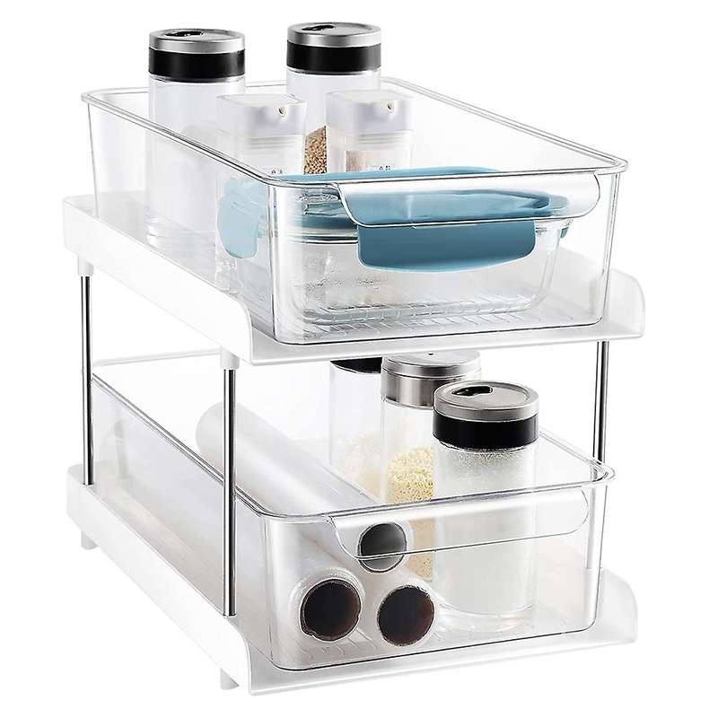 2 Tier Organizer with Clear Drawer Bins Great for Under Kitchen Sink Organizing and Bathroom Cabinet