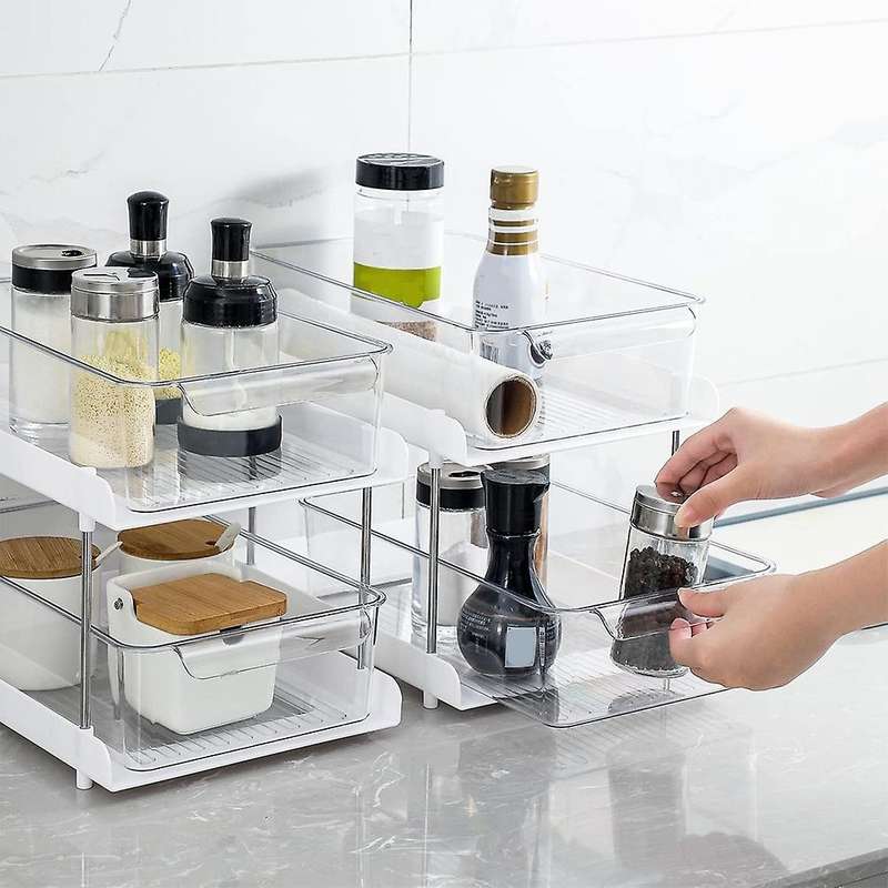 2 Tier Organizer with Clear Drawer Bins Great for Under Kitchen Sink Organizing and Bathroom Cabinet