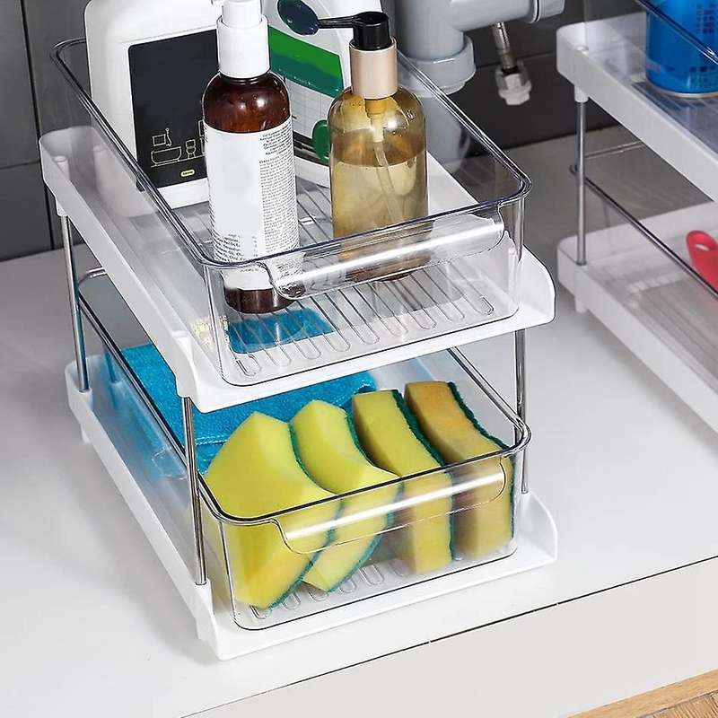 2 Tier Organizer with Clear Drawer Bins Great for Under Kitchen Sink Organizing and Bathroom Cabinet