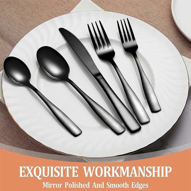 20 Pcs Black Silverware Set, Flatware Set for 5, Square Cutlery Set, Mirror Polished Tableware Eatin
