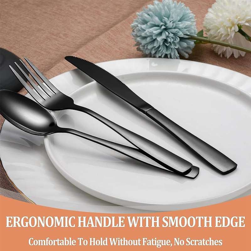 20 Pcs Black Silverware Set, Flatware Set for 5, Square Cutlery Set, Mirror Polished Tableware Eatin