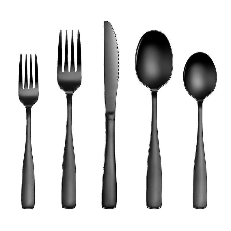 20 Pcs Black Silverware Set, Flatware Set for 5, Square Cutlery Set, Mirror Polished Tableware Eatin