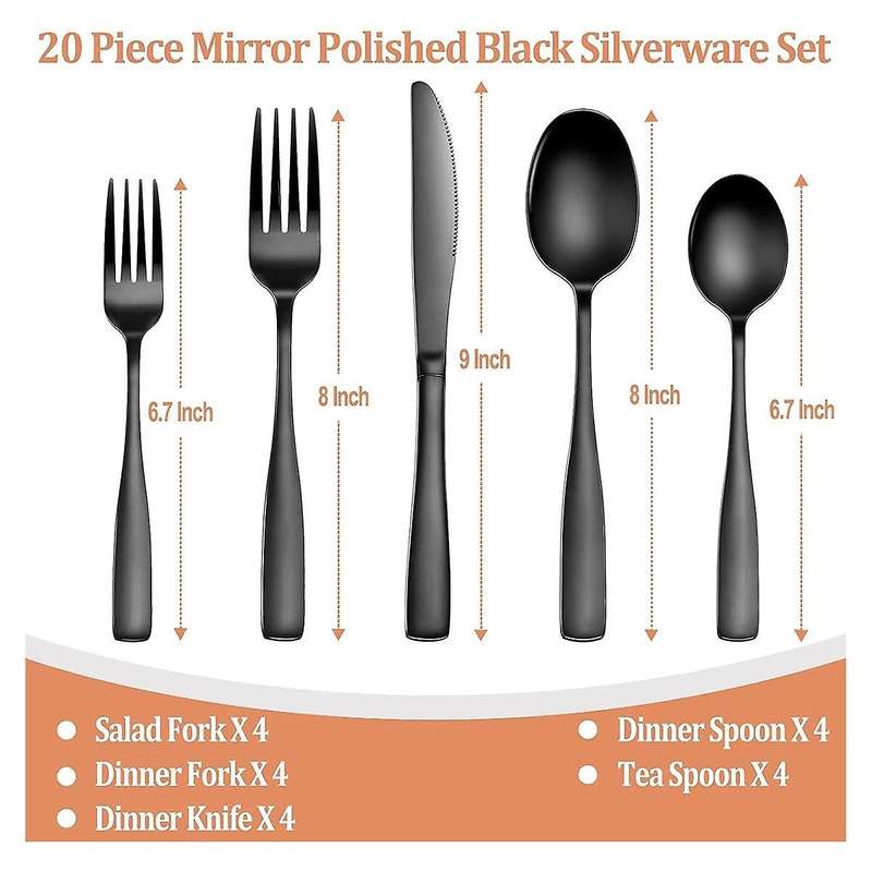 20 Pcs Black Silverware Set, Flatware Set for 5, Square Cutlery Set, Mirror Polished Tableware Eatin