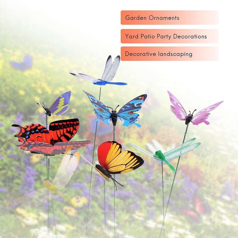 20 Pieces Garden Butterflies Stakes and 4 Pieces Dragonflies Stakes Garden Ornaments for Yard Patio
