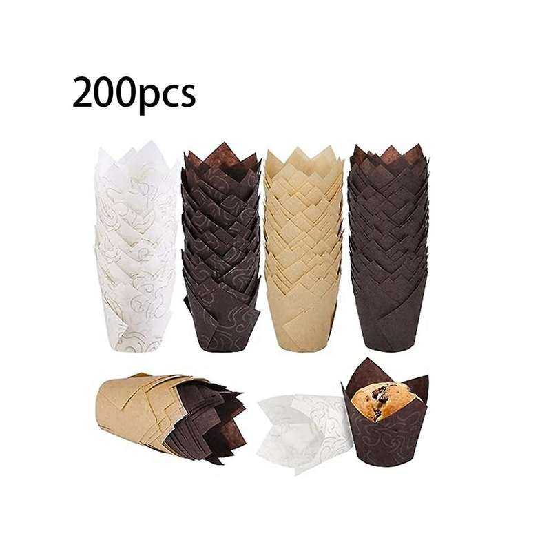 200 Tulip Cake Cups High Temperature Oil-proof Bread Paper Holder Cake Liner Flame Cup Baking Suppli
