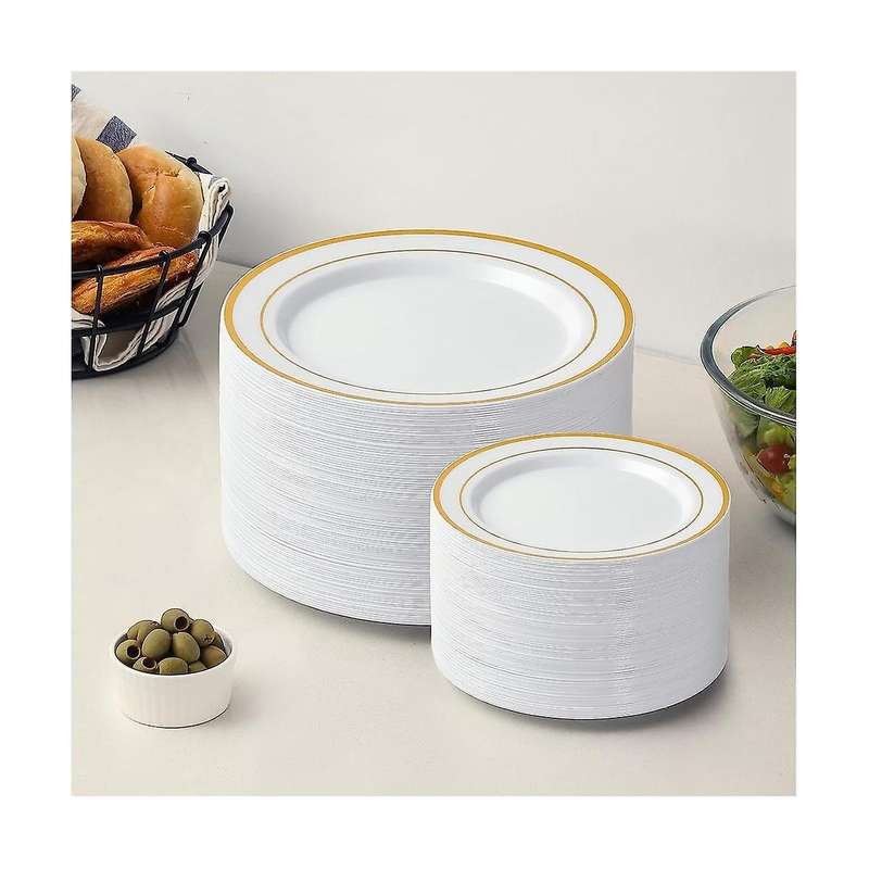 200PCS Gold Plastic Party Plate Disposable, Premium Plastic Plate Dinner Plates Appetizer Plates fo