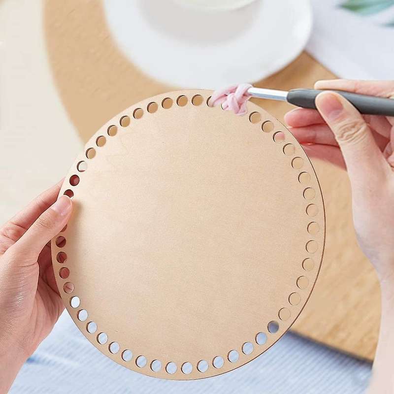 20cm Natural Wooden Basket Bottom with Hole, Circle Blank Wood Base for Diy Knitting Crochet Bag Bo